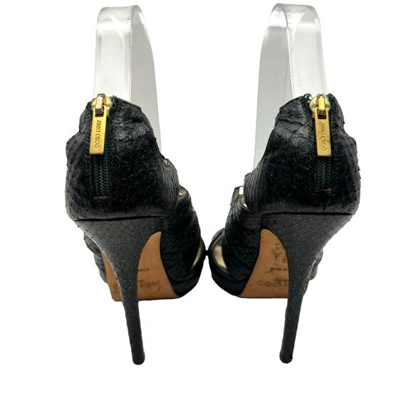 Jimmy Choo Black Leather Green Shimmer Gladiator Cage Platform Stiletto Sandals - Picture 5 of 11